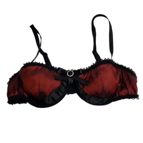 Coquette Sexy Bra Deep Red Black Lace Balconette Size Large - Picture 1 of 12